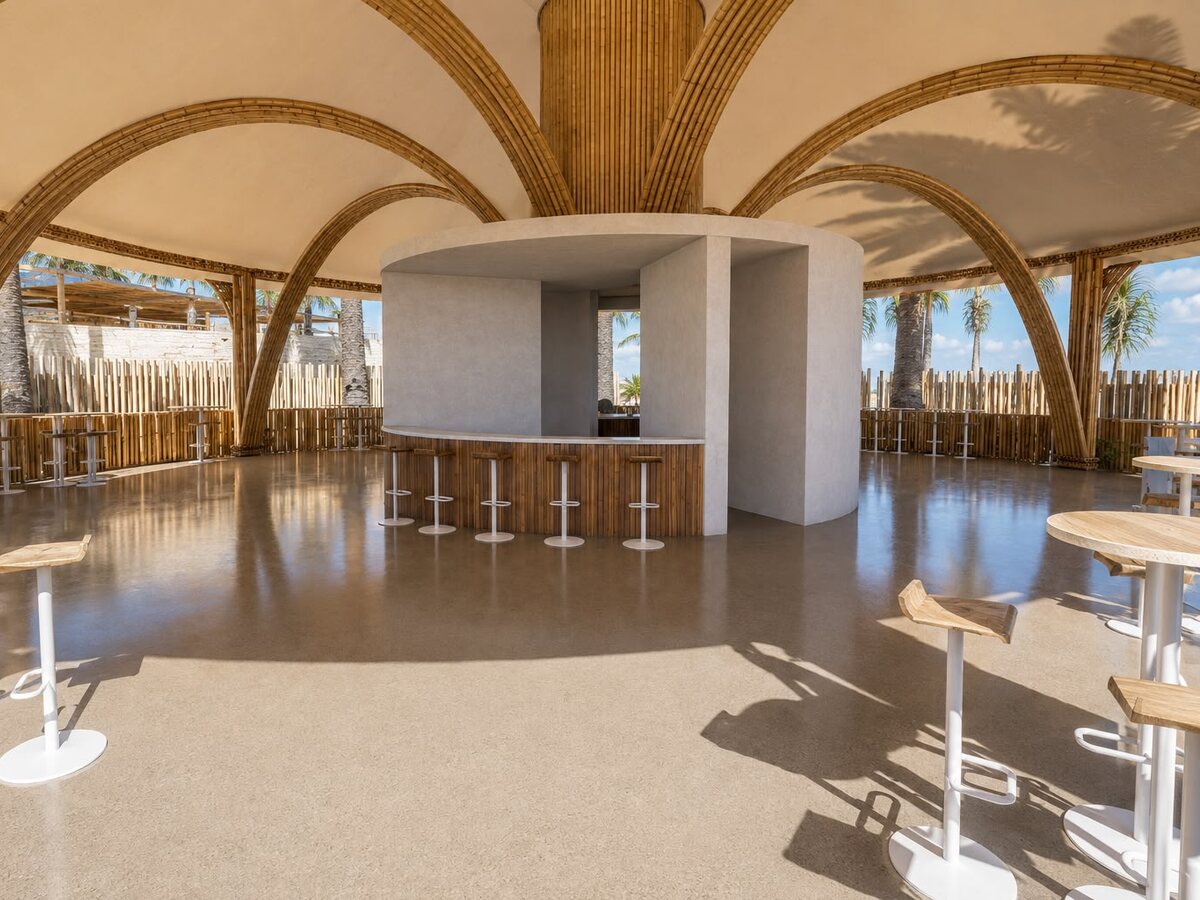 Barra circular del bar de AQUALODGE bajo bóvedas de bambú, Tumbes