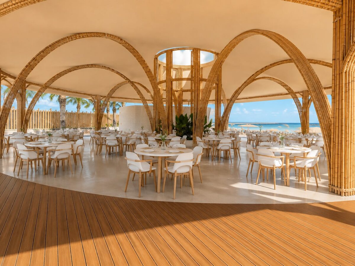 Salón principal del restaurante de AQUALODGE bajo las bóvedas de bambú, Tumbes