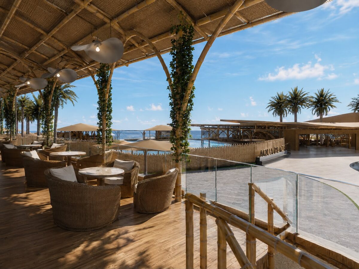 Terraza techada del restaurante de AQUALODGE frente al mar, Tumbes