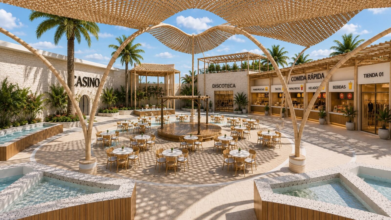 El casino y la discoteca vistos desde el patio central de AquaPlaza — AQUALODGE Tumbes