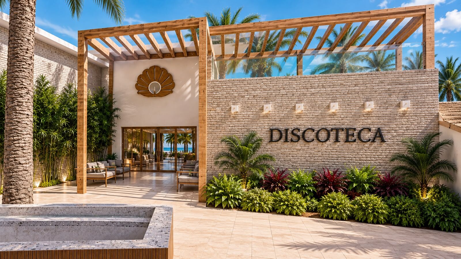 Fachada de la discoteca de AQUALODGE en el boulevard AquaPlaza, Tumbes