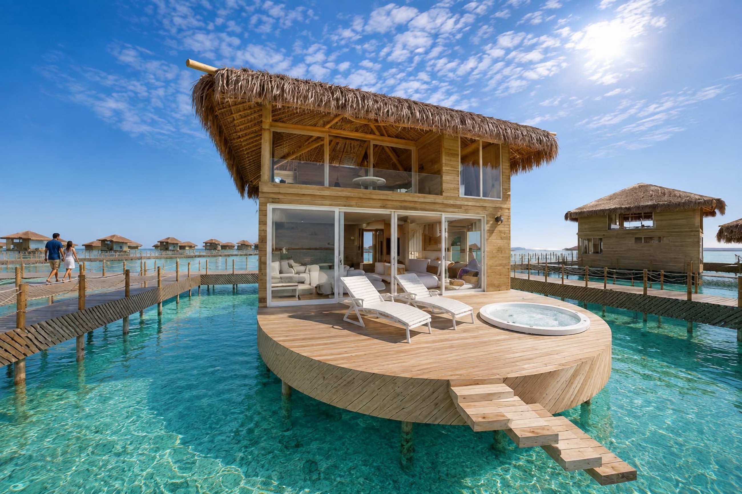 Pasarela de madera entre las suites-bungalows — AQUALODGE Tumbes