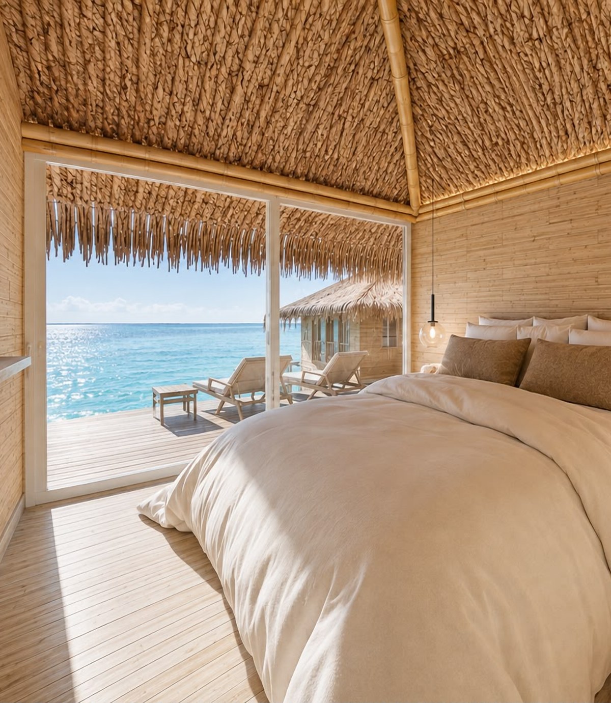 Interior de una suite-bungalow de AQUALODGE, con techo de palma y vista al mar — Tumbes, Perú