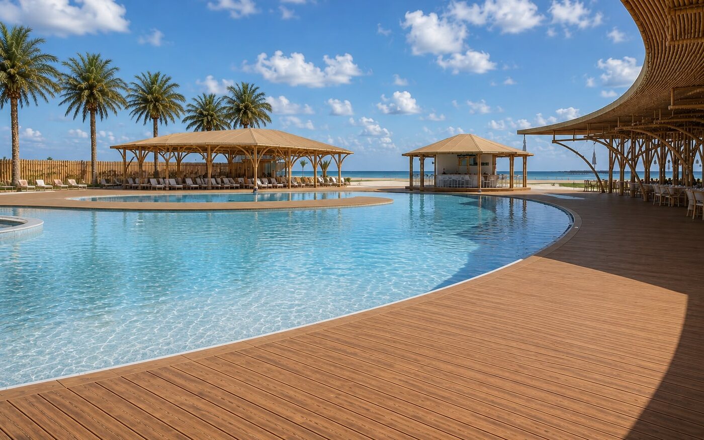 Camastros y palapas junto a la piscina de AQUALODGE frente a la playa
