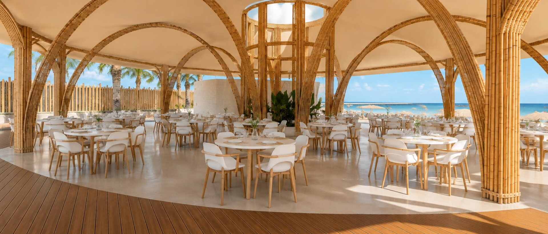 Restaurante de AQUALODGE bajo bóvedas de bambú con mesas y vista al mar, Tumbes