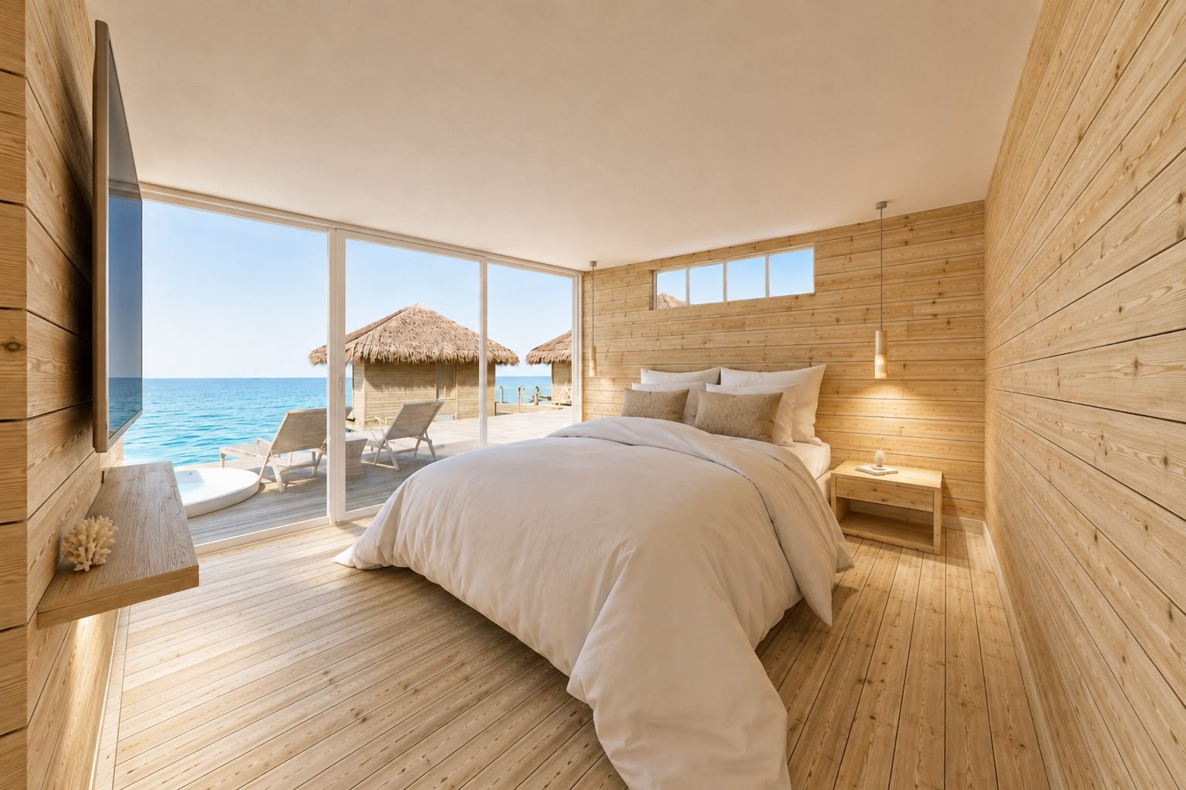Dormitorio de la Suite Ocean View con ventanal al mar — AQUALODGE