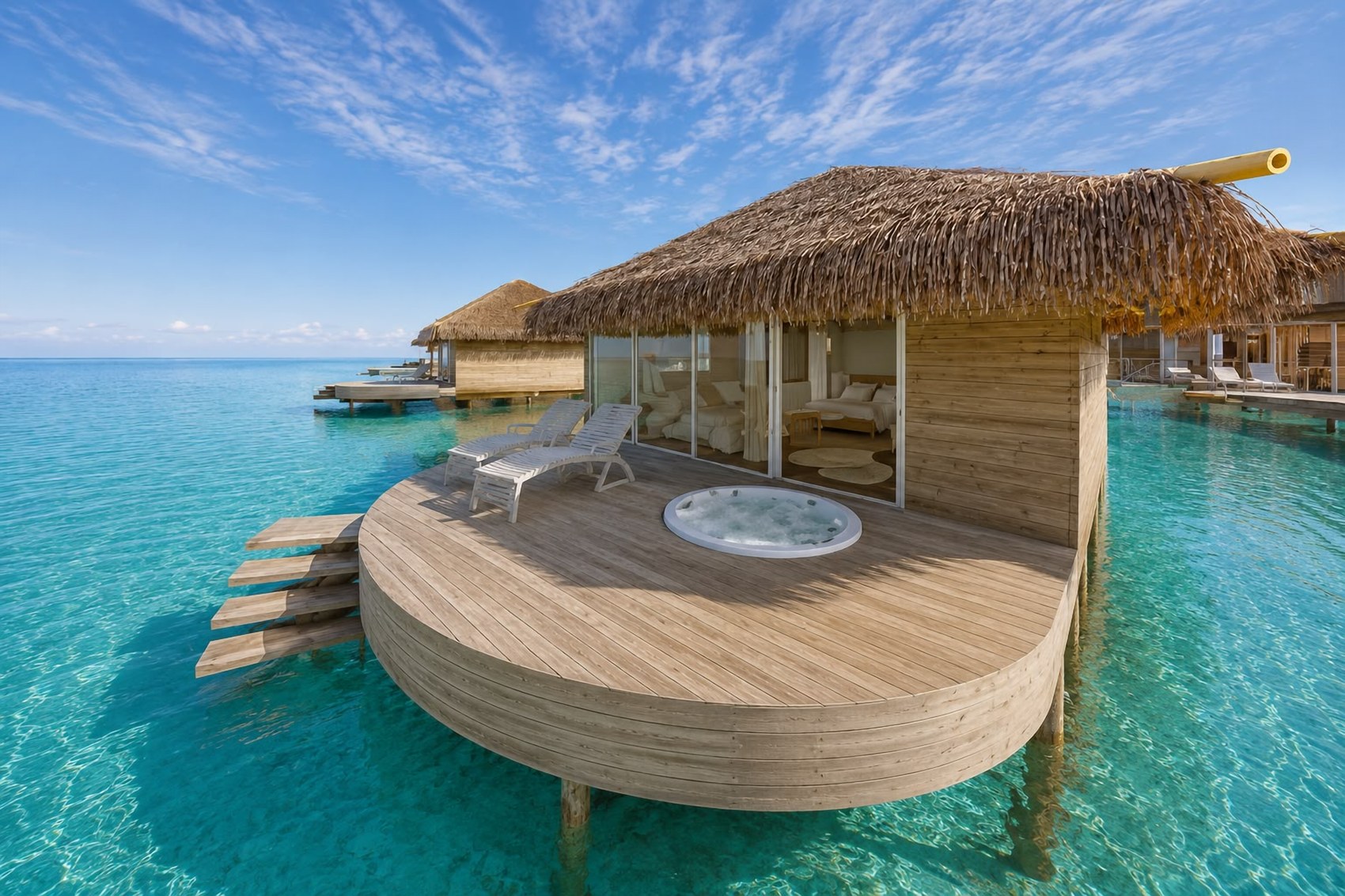 Suite Ocean View vista desde el mar, con escalera al agua — AQUALODGE