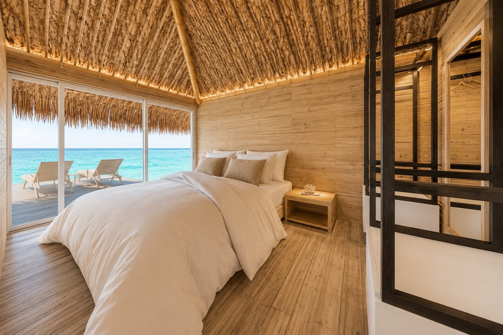 Dormitorio del Bungalow Deluxe hacia la terraza — AQUALODGE