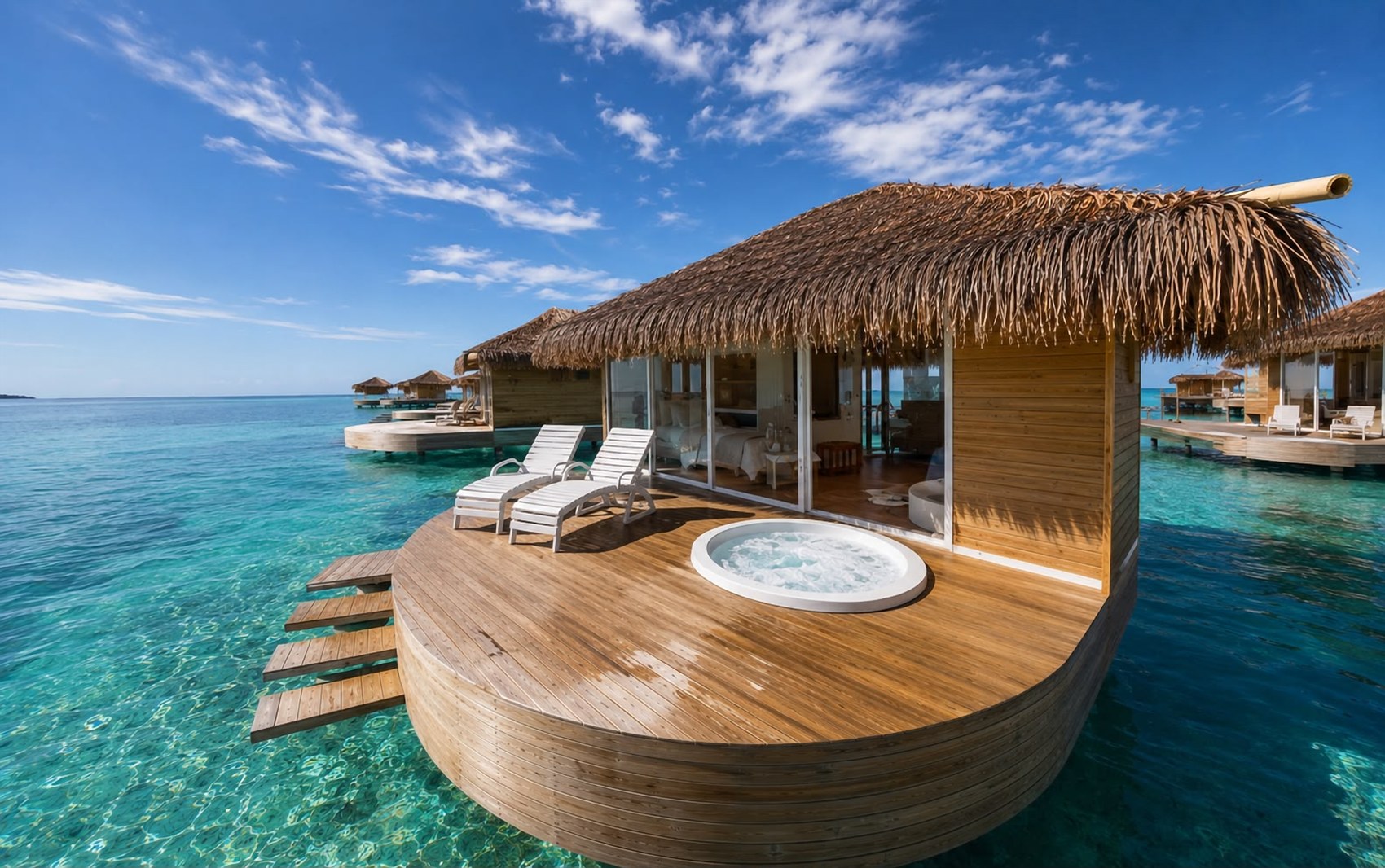 Terraza privada del Bungalow Deluxe con jacuzzi sobre el mar — AQUALODGE